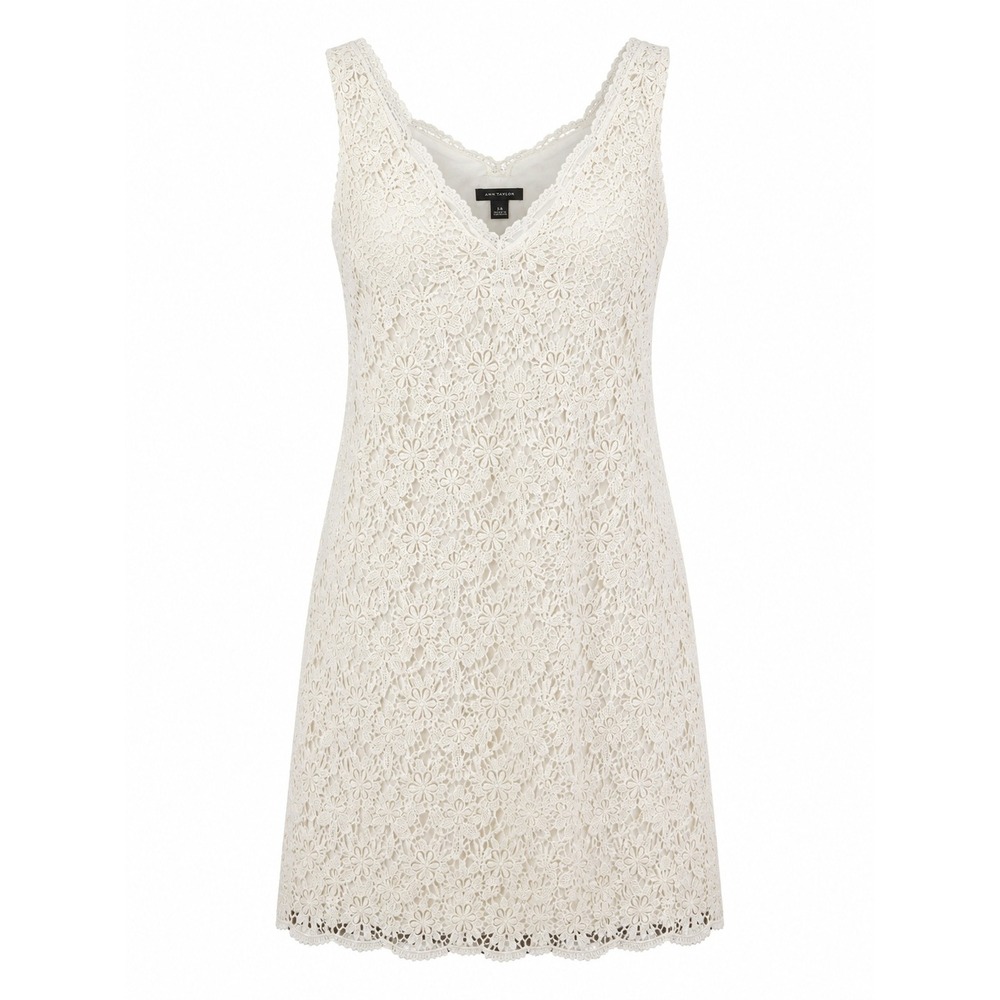 Ann Taylor Women Ivory White Floral Crochet Lace V-Neck Sleeveless Dress 14